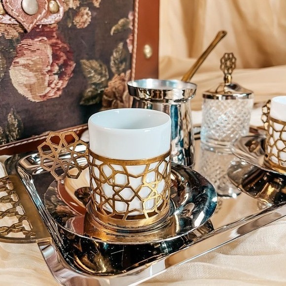 Silver and Gold Metal with Porcelain Serving Tea Set - Picture 3 of 4